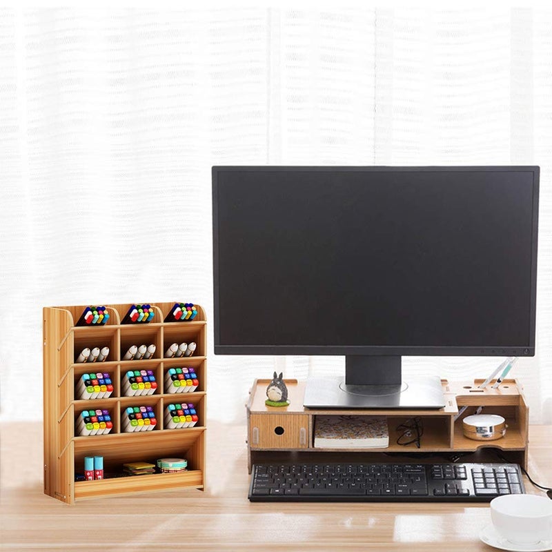 Hggzeg Wooden Desk Organizer, Multi-Functional DIY Pen Holder Storage Box Desktop Stationary Storage Rack for Home, Office and School (B12 Cherry Color) - Image 4
